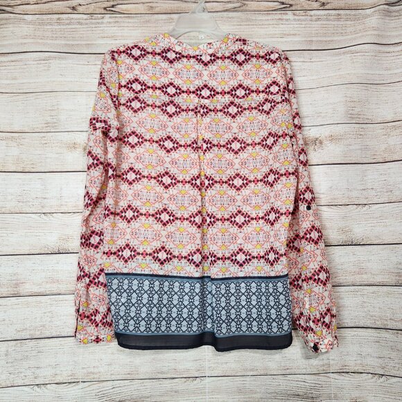 HD In Paris Anthropologie Top Tunic Size 4 Kavari Pink Chevron Blouse Rolled Tab - Picture 11 of 14